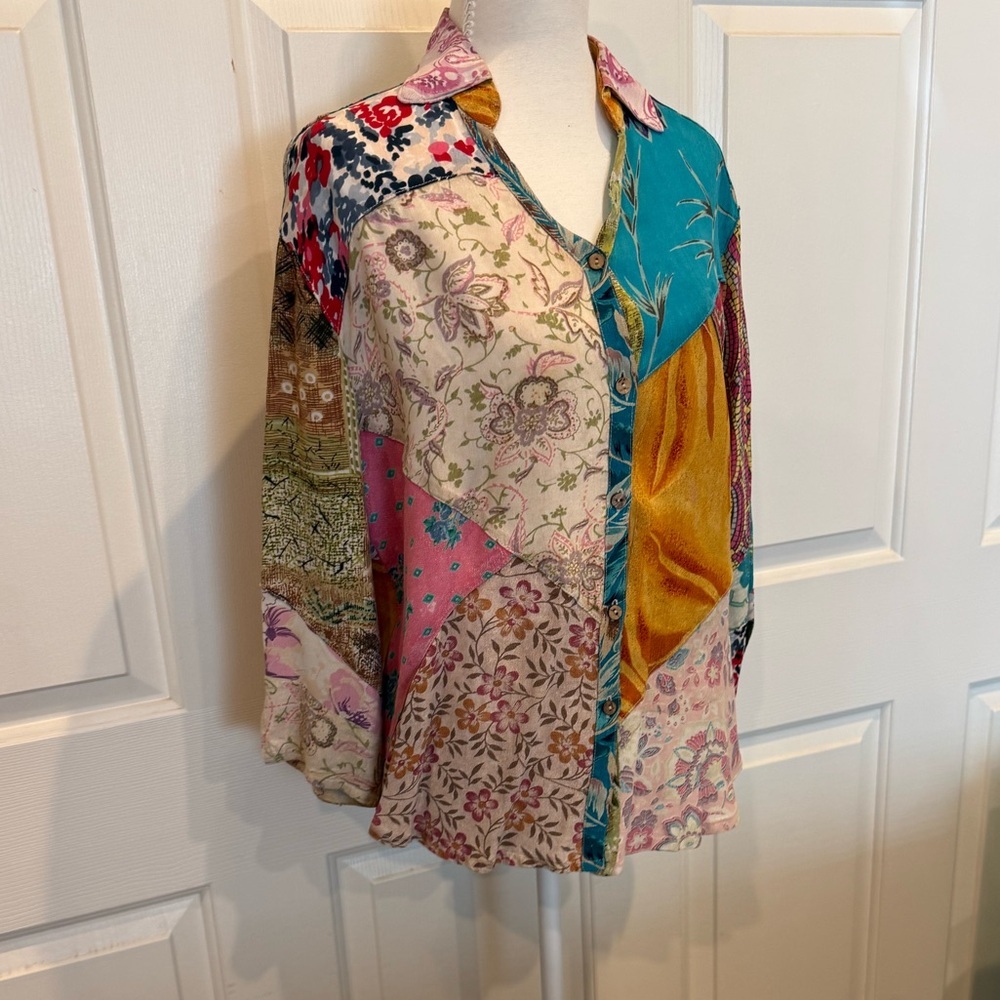Sacred Threads Patchwork Boho Button Up Blouse Artsy Festival Top Size S - Picture 7 of 9